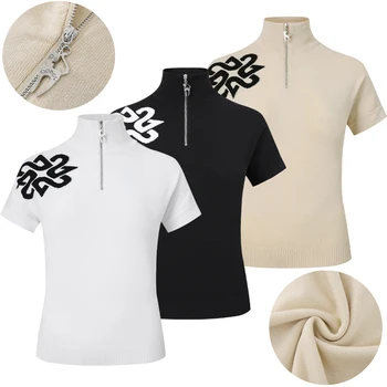 Нова лятна дамски дрехи за голф, вязаный еластична яка-часова, облегающая тениска с къс ръкав, спортно облекло