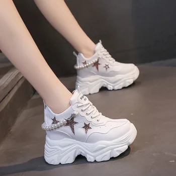 Rimocy/ Дамски обувки на платформа с лъскави пайети, Дишащи обувки дантела, Които растежа, Дамски Модни Перлено-бели Маратонки