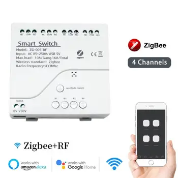 Sasha Zigbee Smart Switch Модул 4 Канала 85-250 В WiFi Реле DIN-Рейк RF433 Дистанционно Управление Работи с Алекса Google Zigbee Hub