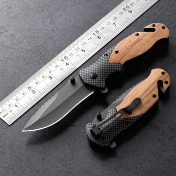 Сгъваем нож за самозащита със защита от спад на височини, многофункционален сгъваем нож с дървена дръжка