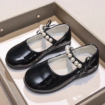 Черна Класическа с перли Скъпа гланцова детски ежедневни обувки за момичета, Малки, 2023, лято и пролет Нова детски обувки, Елегантен шик