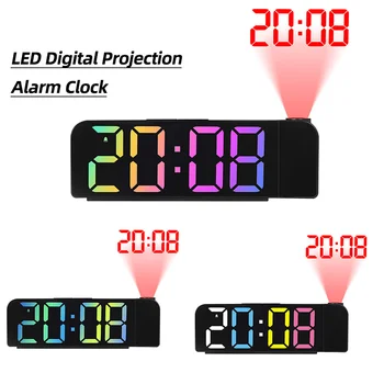 Led Цифров Прожекционен Будилник с въртяща се на 180 Градуса, Електронни часовници с led Подсветка, USB, Нощни и Настолни часовници, показване на дата и Температура, Домашен Декор