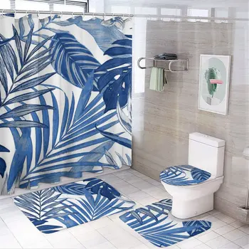 Синята завеса за душ с принтом тропически листа, модерен нескользящий килим, завеса за душ, Водоустойчив полиестер, с начало декор 180x180