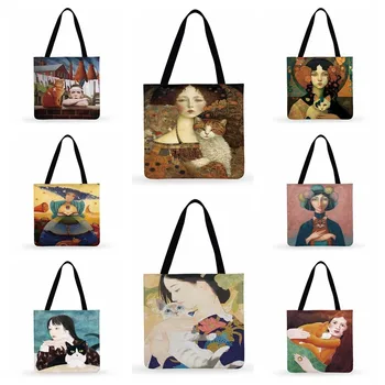 Дамски Ежедневни чанти-тоут с принтом принцеси и котки, Женствена чанта през рамо, Сгъваема чанта за пазаруване, Модерни плажни чанти
