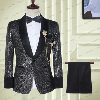 2023 Класически Черни Приталенные Мъжки костюми с цветен модел, направен по поръчка, Булчински комплект за младоженеца, Смокинги, 2 броя, Кума младоженеца