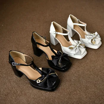 Пролет-лято нови дамски фини обувки на висок ток, дамски обувки Mary Jane в дебелите ток с лък, wl-R02