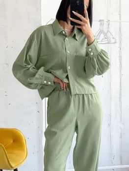 Hiloc, Дамски пижами с дълъг ръкав и зелена лампичка, Кайсия цвят, Двойни джобове, Дамски Домашно облекло, спално облекло с отложным яка, Есен 2023