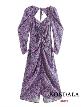 KONDALA Винтажное Лилава Плиссированное женствена рокля с флорални принтом, Мода 2023, Летни Почивки, Дълъг ръкав, без презрамки, с отворен гръб, Секси Рокля
