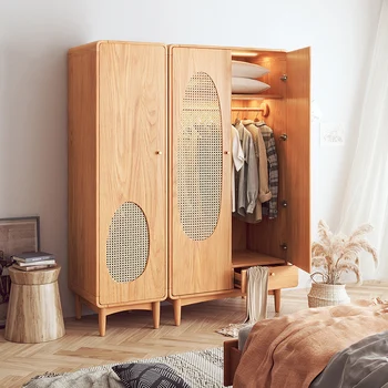 Шкаф от масивно дърво, малки домакински шкаф за съхранение в спалнята, лесен и модерен шкаф за съхранение, тъкани от скандинавския ратан голям шкаф