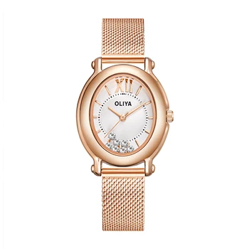 Oliya, Луксозни Дамски Елипсовидни часовници с диаманти, водоустойчив модни часовници от най-фина стомана с цирконием, подарък за момиче, Елегантни дамски часовници
