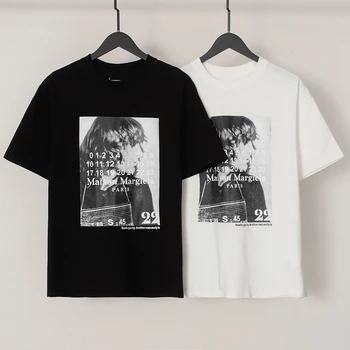 Американската Реколта градинска облекло MM6 Margiela, тениска с портрет писмото принтом, Класически Черно-бял памук топ с къс ръкав за двойки, тениска