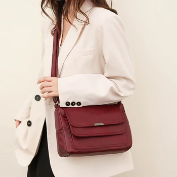 Нови дамски чанти, многопластова чанта-месинджър от изкуствена кожа с едно рамо, дамска чанта с цип, с мека повърхност, Универсални чанти през рамо за жени