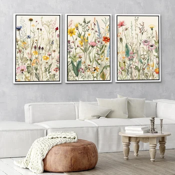 Акварел Плакат с полевыми цветове, пъстри флорални щампи, бохо-арт, платно, Минималистичная модерна стенни живопис, интериор на спалня