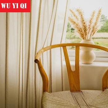 Японски ленени тъкани, прозрачни завеси на райета за всекидневната, пердета за кухня, спалня, хол, тюл размер