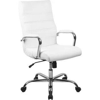 Работно стол Whitney с висока облегалка - Бяло офис стол за мениджъри от изкуствена кожа с хромирана рамка - Управляемият стол