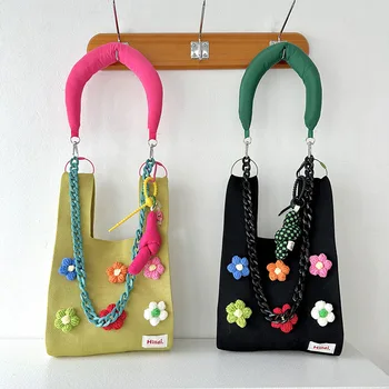 Хубава Цветна Вязаная чанта в цветенце, чанта-тоут, Проста вязаная вълнена чанта, Корейската чанта-кофа, чанта през рамо