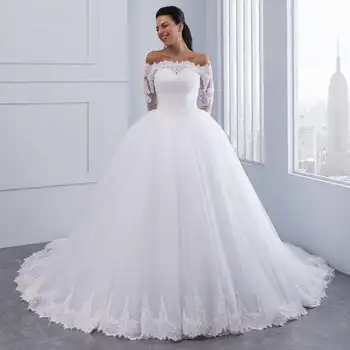 Бялата Топка, Елегантен Бродирани Цветя, Голям Завързана Панделка, Сватбена рокля с Дълъг ръкав на Сватбена рокля