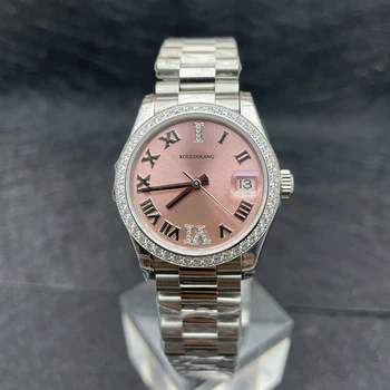 дамски автоматичен часовник 31 мм, розов циферблат, сапфирен кристал, неръждаема стомана 316, механизъм 