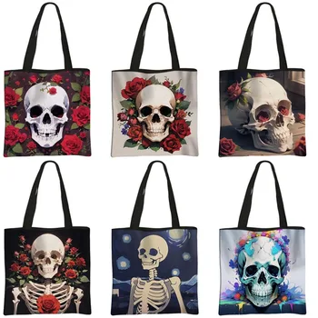 Чанти за пазаруване, изобразяващи Черепи и рози, чанта за рисуване на Скелета в стил пънк, Цветни Модерна чанта с Черепи и Цветя за Еднократна употреба, Преносима чанта за пазаруване