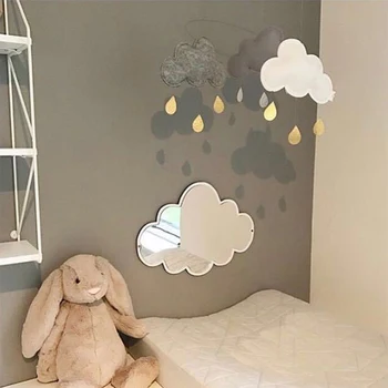 Детска стая Стенно декоративно огледало с модел на Заек под формата на облак с лък, Спалня, Детско Дървено акрилно Огледало за украса на дома