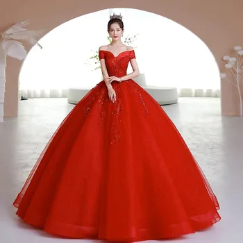 Bomaris/ Червена Бална рокля с открити рамене, Кривата Рокли, Маскарадните Vestidos De 15 Anos, Модни официални Рокли Принцеса с Завързана Мъниста