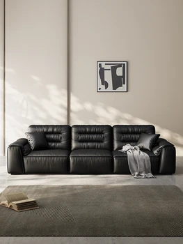 Кожен диван за хол от телешка кожа с подови глава, изчистен модерен вертикален кожен диван, комбинирана мебели