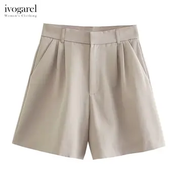 Ivogarel, къси Панталони-бермуди от ленена смес с висока талия, Дамски Летни панталони за пътуване до работа със странични джобове, стилът на Traff 2023