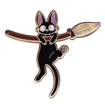Забавно сладко черна котка, карикатура Метална емайл Раница, чанта Значка на Ревера Брошка на Жени