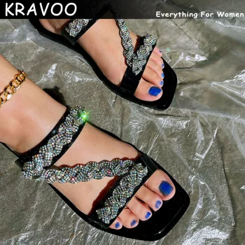 KRAVOO INS/ Дамски обувки, сандали с кристали, дамски чехли на равна подметка, по-Големи размери, дамски модни сандали, дамски лятна новост 2023 година, обувки