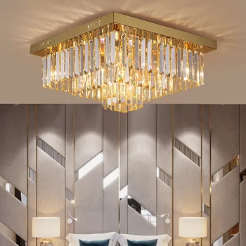 Модерна луксозна спалня с декорация във формата на кристали, Квадратна хол на тавана, led лампа със златен кристал, просто домашен топъл лампа