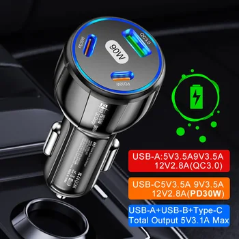 Зарядно за кола, Запалки Pd 90w QC3.0, зарядно за кола USB C-type, адаптер за Кола за бързо зареждане За Iphone, Android, автомобилни аксесоари