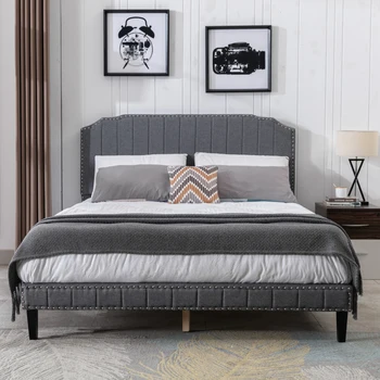 Легло Queen-Size с таблата, модерно легло-платформа с извити материи от лен, рамка от масивно дърво, довършителни пирони, сив