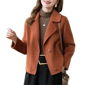 Модерно Дизайнерско Късо дамско палто, вълнена 2023, Пролет-есен, Нова корейска двустранен вълнена куртка, Ежедневни връхни дрехи, Блузи, дамски