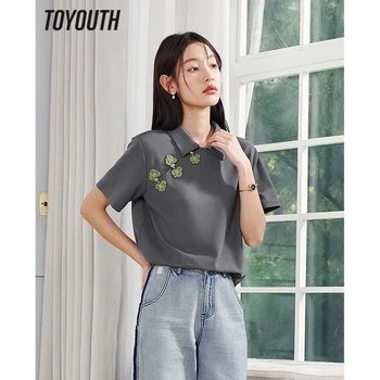 Toyouth/дамски тениска 2023, Летни тениски, поло с къс ръкав и деколте, Свободни тениски с копчета, Реколта Елегантни Зелено-сиви върхове