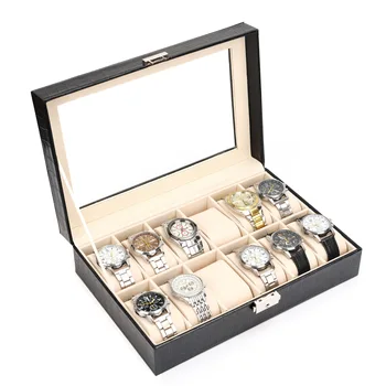 Кутия за съхранение часа от изкуствена кожа с 12 фини прозрачни часовник с люк на покрива голям капацитет