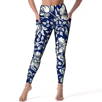 Сини гамаши с цветен модел, годината на реколтата панталони за йога в салона с принтом, женски реколта спортни панталони с ефект повдигащ, джобове, гъвкави графични гамаши за йога
