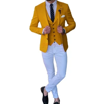 Жълти Мъжки костюми за сватба, оборудвана сако, Жилетка с штанами, Смокинг за младоженеца-3 предмет, Мъжки моден костюм по поръчка 2023