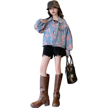 есенна деним яке с цветя модел за момичета от 4 до 15 години, модерно детско палто casaco infantil, деним яке casaco roupas femininas infantil