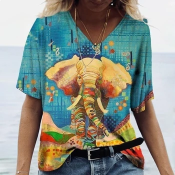 Нова мода дамски тениски с 3D принтом Слон, Ризи с къс ръкав, Ежедневни реколта тениска За жени, Негабаритная облекло, Блузи с V-образно деколте
