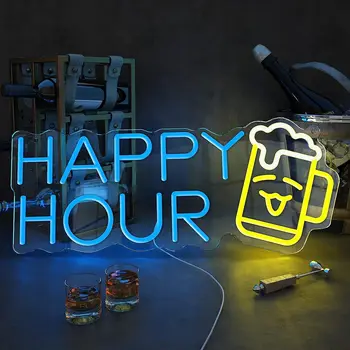 Неонова реклама Happy Hour с захранван от USB за Декор на стаята, Led Неонова Лампа с Регулируема Яркост, нощна светлина за бар, Ресторант, Мъжки Пещера, Стенно Изкуство