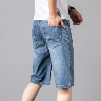 Лято 2023, Нови мъжки Светло сини прилепнали Къси дънки, Корейски Модерни Ежедневни дънкови шорти изработени от фин еластичен памук, Мъжки марка дрехи