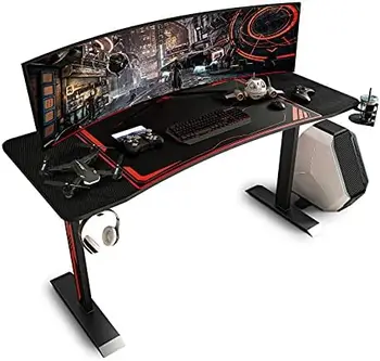 - Инчов Игри на маса, Сверхпрочный Геймърска Компютърна маса с повърхност от въглеродни влакна и голяма подложка за мишка, Черен Компютърна маса Gamer Setup wi