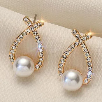 Нови модни обеци с диаманти, обици с перли във формата на кръст, Дамски обеци с диаманти