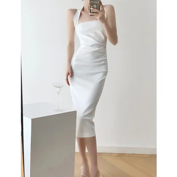 Бяло френско рокля без ръкави с висулки за врата, стилен, малък, тънък и дебнещ през лятото, рокля комбинация