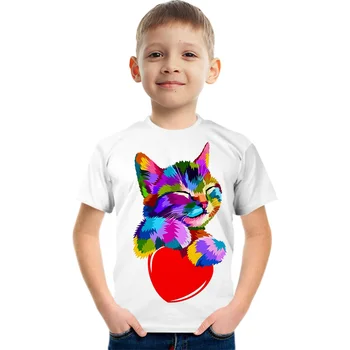 Лятна нова тениска Унисекс с анимационни принтом топ с къс ръкав, тениска с изображение на котка, тениска с изображение на малко животно, Нова детски дрехи