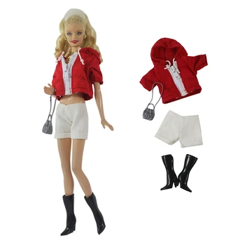Модерен Червен комплект дрехи за кукли Барби, hoody с къси ръкави, Бели Шорти, Ботуши, Чанта, облекло за кукли 1/6, Аксесоари, детски играчки