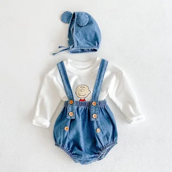 Комплект дрехи за малки момчета и момичета от 3 теми, Есенен детски деним гащеризон бретелях + риза с анимационни герои + шапчица 0-24 м, дрехи за новородени