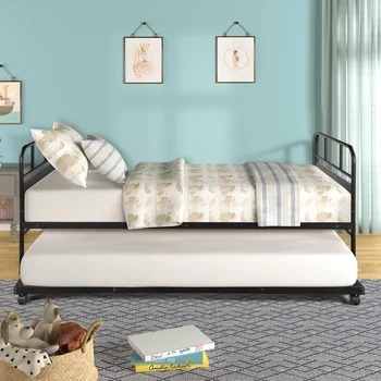 Метална кушетка, рамка на легло, вградени колела, двоен размер, едно легло, двойно легло, младежта легло, спестяване на пространство