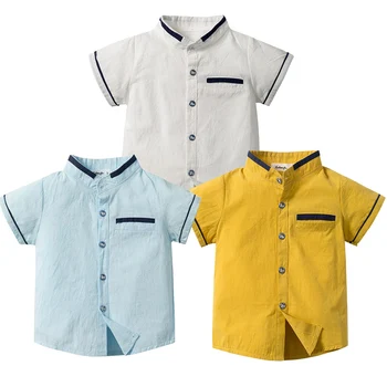 Лятна връхни дрехи за деца, риза с къс ръкав от ярки цветове, Однобортный топ с ревери за момчета, обикновена модни памучни блузи