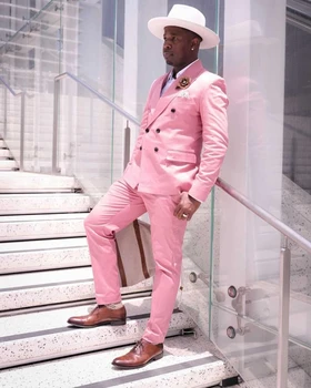 Steetwear Двубортные розови мъжки костюми, Костюм Homme, Сватбени смокинги, блейзър за бала и за младоженеца, 2 броя, яке + панталон